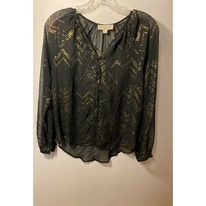 Olive & Oak Button Up Blouse Sheer Long Sleeves XS Black Brown Metallic Pattern